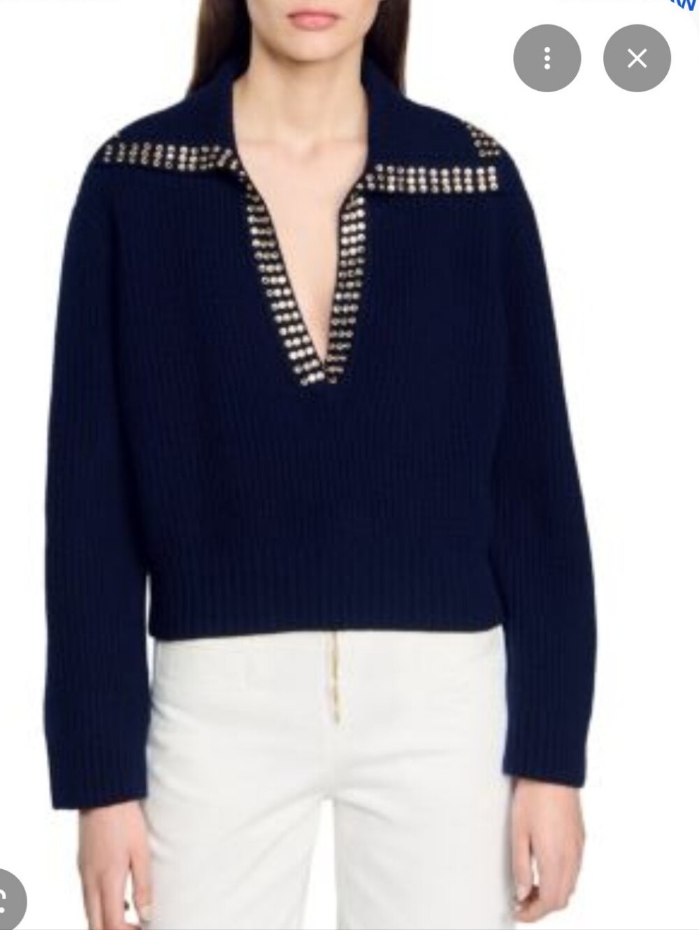Navy Stud-Trim Ribbed Sweater